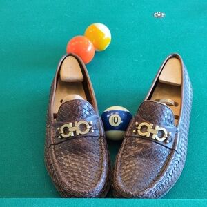 Salvatore Ferragamo Brown Woven Loafers with Gold Buckle 10EE Make an offer.